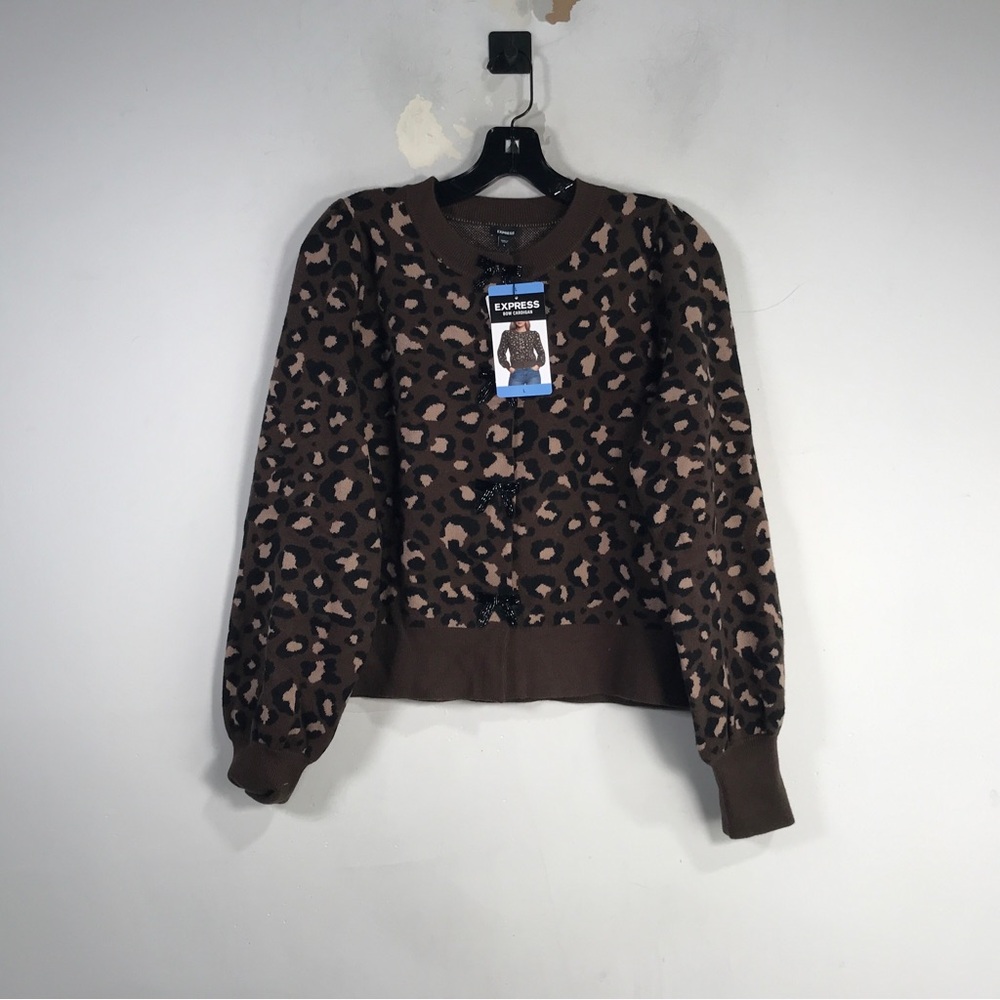 Express Animal Print Bow Cardigan, Women's Size L - Brown/Black/Tan